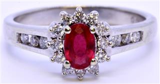 Alwand Vahan 10K Solid White Gold Oval Natural Ruby & Diamond Halo Ring Size 7
